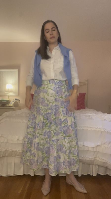 Maxi skirt, white button down, cashmere sweater, midi skirt, hill house, summer outfit, summer workwear, spring workwear, nude flats, nude sling backs, Sarah flint, white oxford, floral skirt, law firm, lawyer, attorney, business casual, floral skirt, hydrangea; nap dress

#LTKWorkwear #LTKSeasonal #LTKVideo