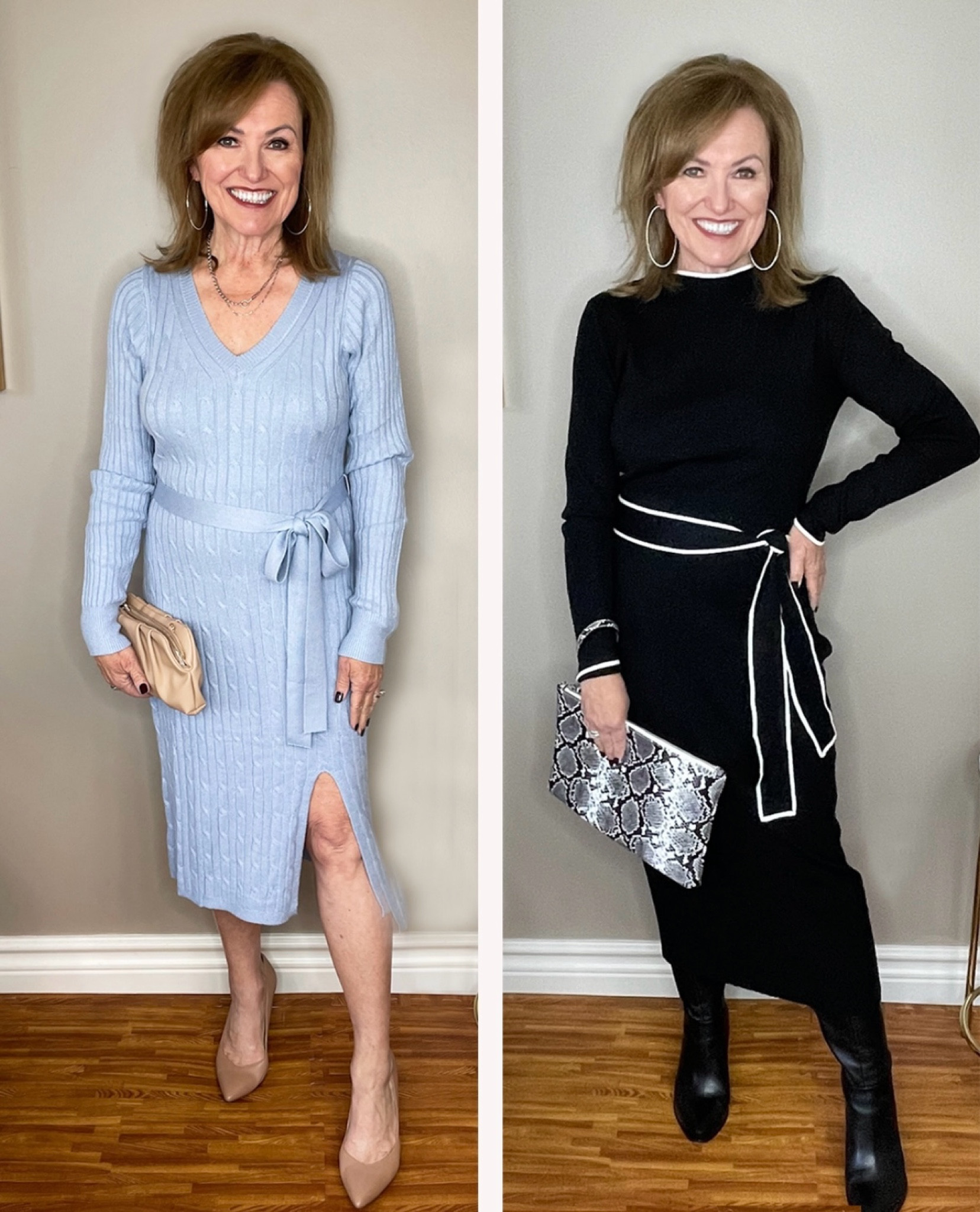 I am a big fan of the sweater dress but I’ve talked to a lot of women who avoid the sweater dress because it tends to be more form-fitting ... .but don’t let that scare you away.

Here’s a few tips on how you can love wearing a sweater dress, especially with the holidays approaching. They can make for a great chic and cozy holiday look.
I recommend sizing up to give you some “comfort space”.  Because of the sweater material, going up a size should not make the dress look baggy or oversized.  This is actually a benefit of it being more form fitting.

Most women (including myself) think of their tummies as the number one problem area.  That’s why I like the self belt specifically.  It provides definition for the waist and at the same time, being the same color as the dress, it doesn’t cut you in half.  Also, other belts, such as elastic ones, can cause some bulging if they are just the teeniest bit tight.  You can tie the self belt as tight or as loose as you like.

For a sweater dress, I tend to stay away from a full turtleneck and opt for v-necks or mock necks.  You want some of your neck to show to give you a more elongated look.
I love the slit in Option 1.  If you are worried about any width at the bottom of the dress, it breaks it up and adds some interest.

In Option 2, I went with a monochrome look in a midi length dress, all the way down to my boots. This provides a great silhouette if you are looking for something with a sleek look.


#LTKStyleTip #LTKHoliday #LTKSeasonal