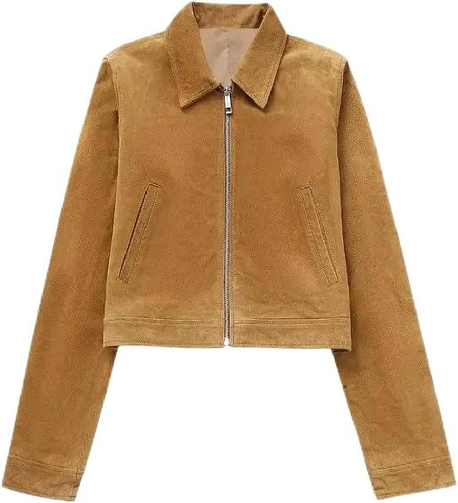 Fashion Elegant Woman Long Sleeves Lapel Jackets Female Color Chic Zipper Short Coat Outwears-Dar... | Amazon (US)