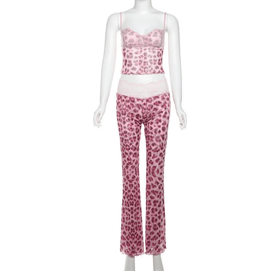 NivaSen Sexy Sweet 2 Piece Sets Women Outfit Mesh See Through Lace Patchwork Crop Top And Pants Suits Hot Girl Streetwear | SHEIN