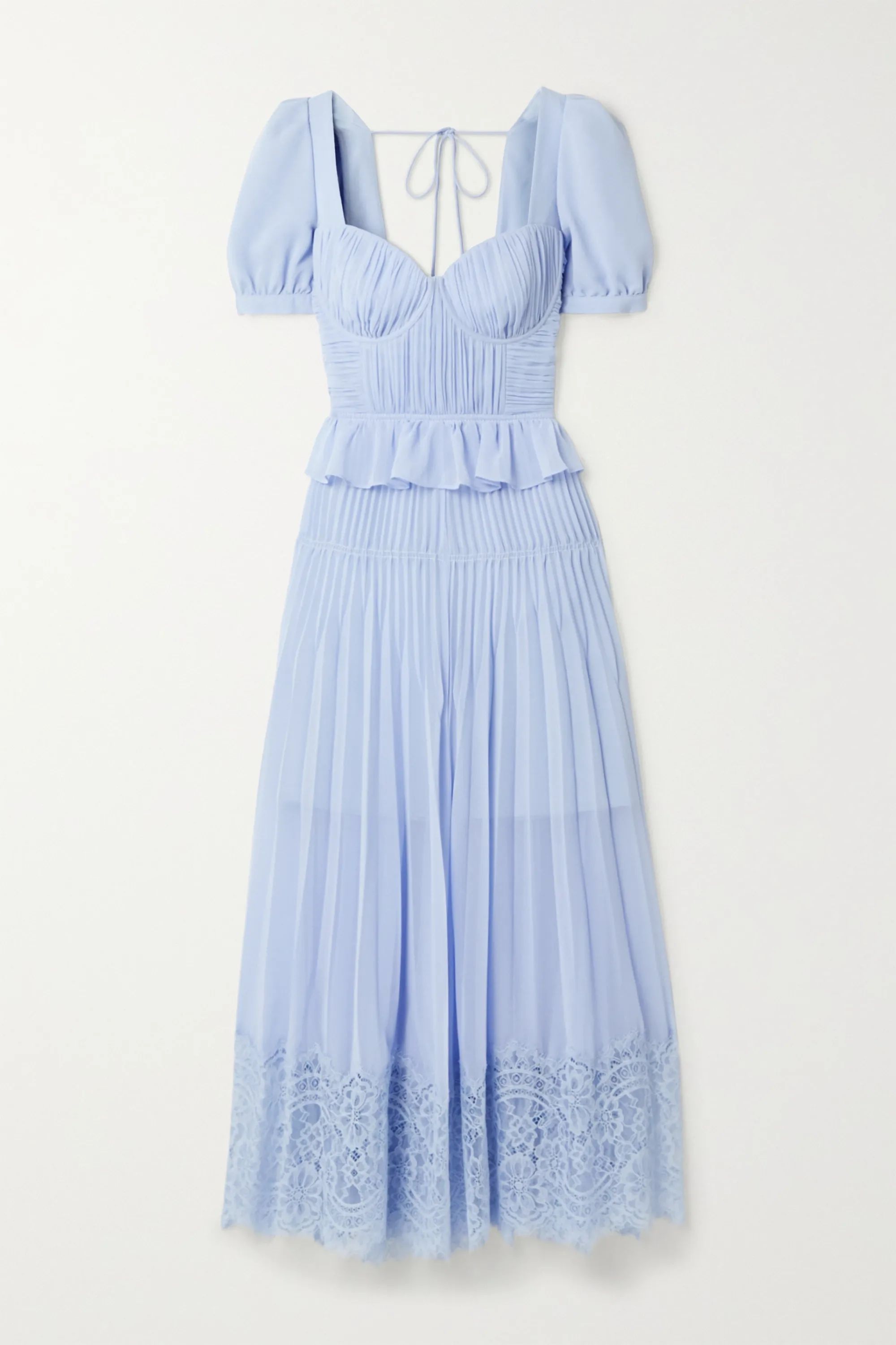 Corded lace-trimmed plissé-chiffon midi dress | NET-A-PORTER (US)
