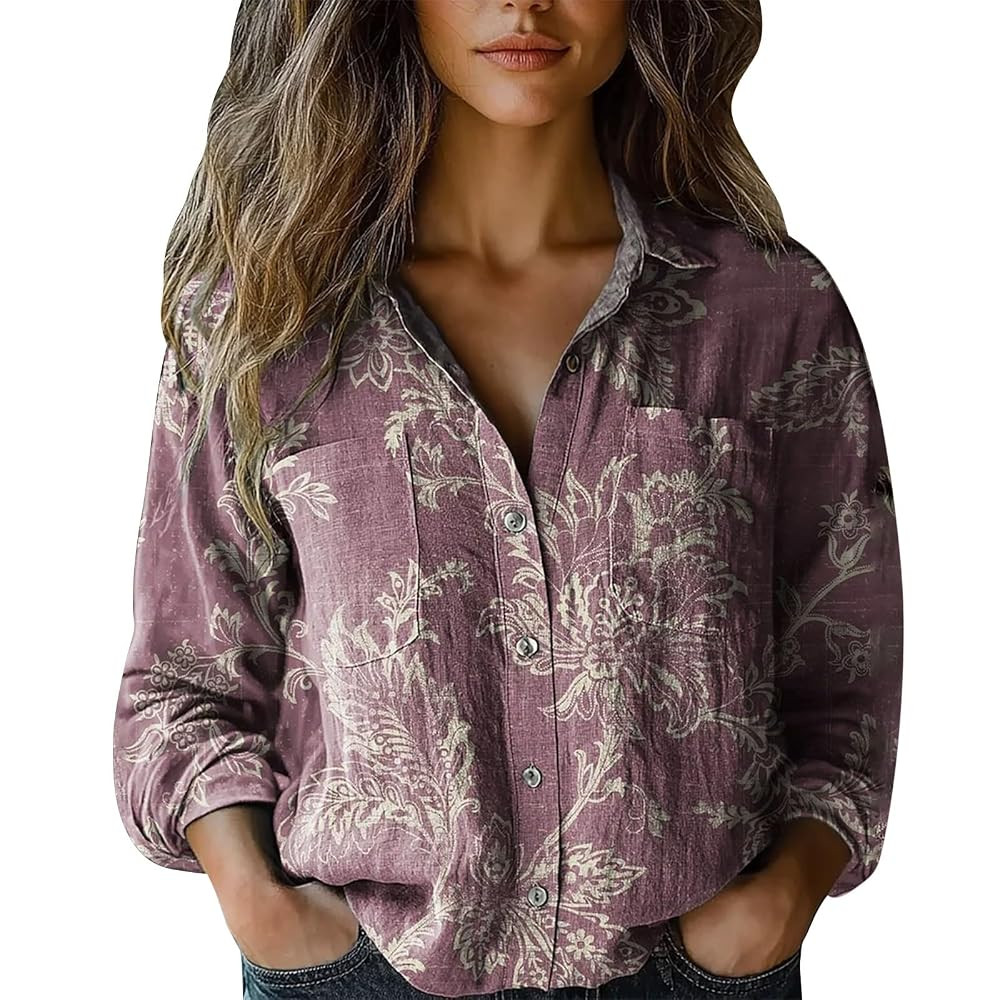 Womens Fall Boho Tops 2025 Retro Print Shirts Long Sleeve Casual Vacation Beach Outfits Button Do... | Amazon (US)