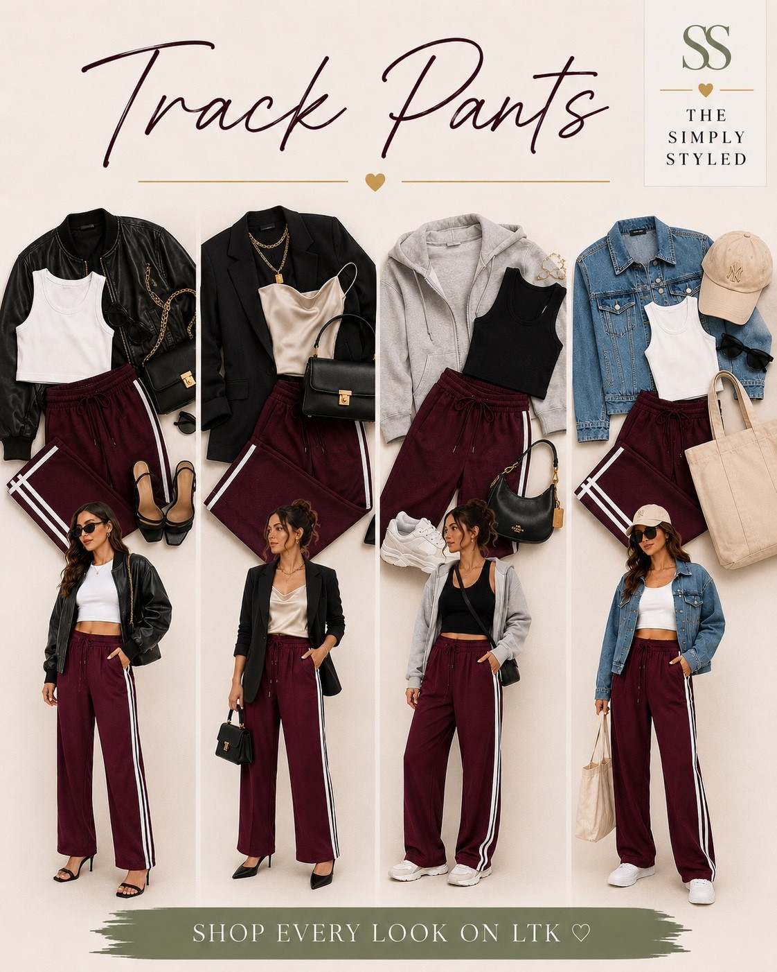 Track pants, but make them chic. 🤍

Styled four ways with a cropped white tank, black fitted tank, oversized hoodie, denim jacket, leather bomber jacket, satin cami, tailored blazer, shoulder bag, structured handbag, tote bag, chunky sneakers, white sneakers, pointed-toe heels, strappy heels, baseball cap, gold jewelry, and statement accessories.
These burgundy track pants are the ultimate elevated casual piece—comfortable enough for everyday wear and polished enough for dinner, travel days, coffee runs, errands, girls’ night, and date night.