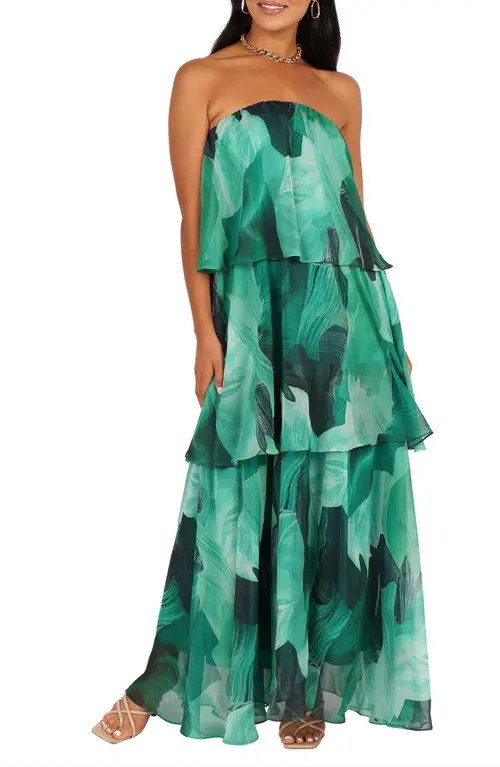 Petal & Pup Bloom Strapless Tiered Chiffon Maxi Dress in Green Floral at Nordstrom, Size Large | Nordstrom