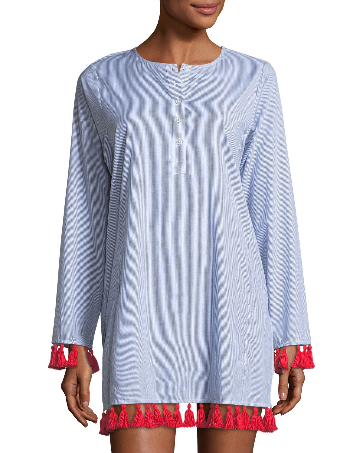 Lucia Narrow-Striped Beach Tunic With Tassel Trim | Neiman Marcus
