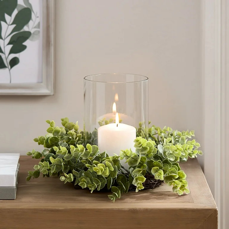 Mainstays Decorative Hurricane Pillar Candleholder with Faux Eucalyptus, 8" | Walmart (US)