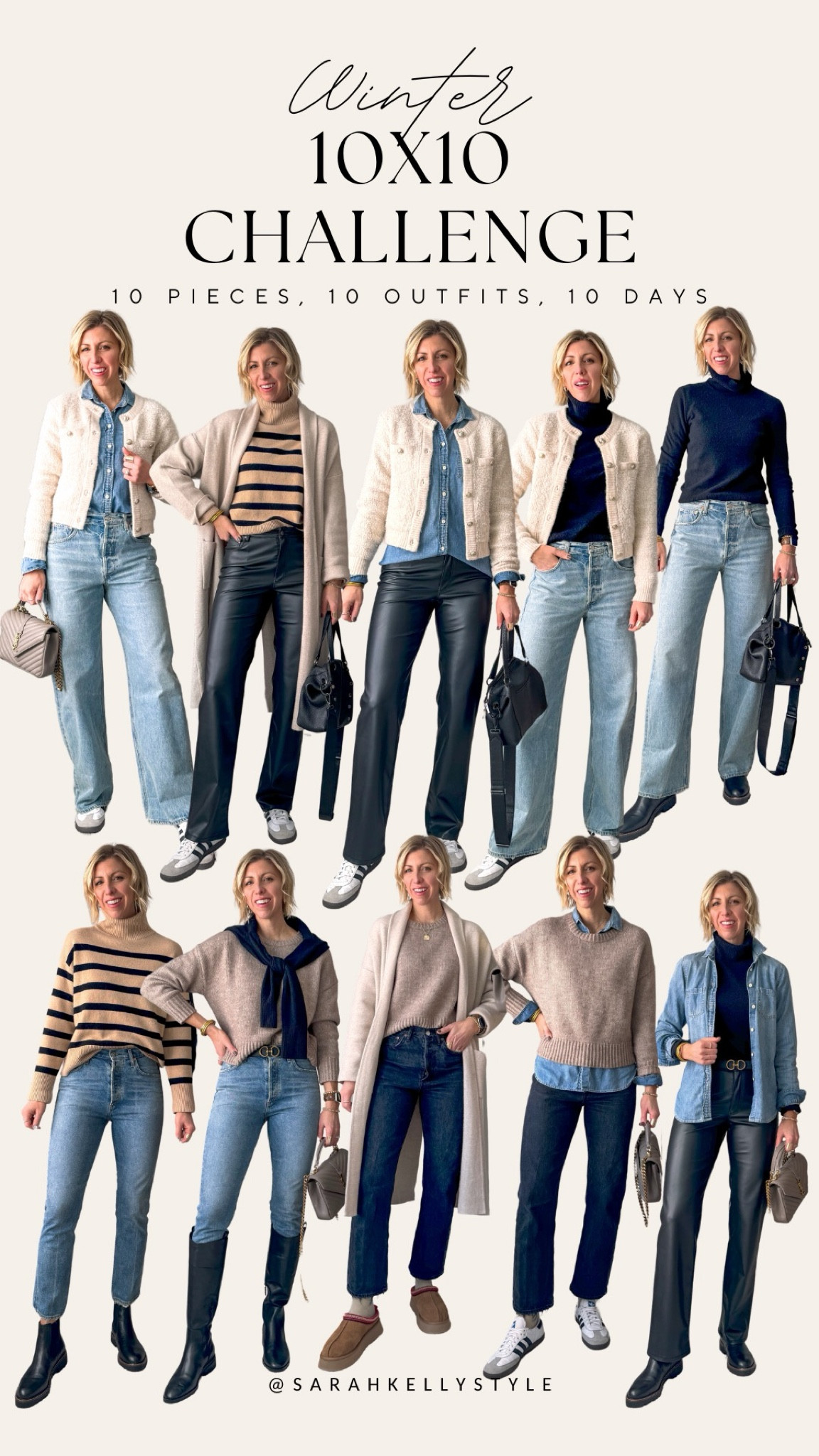 Winter 10x10 Challenge - 10 pieces, 10 outfits, 10 days - Wide Leg Jeans, High Rise Straight Jeans, Vegan Leather Straight Pants, Bouclé Cardigan, Oversized Wool-Cotton Sweater, Lightweight Cashmere Turtleneck Sweater, Mid Rise Straight Jeans, Stripe Sweater, Oversized Knitted Coat, Chambray Shirt

#LTKSeasonal #LTKover40 #LTKstyletip