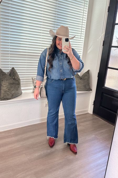 Canadian tuxedo. Denim on denim. Rodeo outfit. Western outfit. Country concert outfit. Red cowboy boots. Houston rodeo outfit 

Hat is local from The Hat Store

#LTKfindsunder100 #LTKstyletip #LTKSeasonal