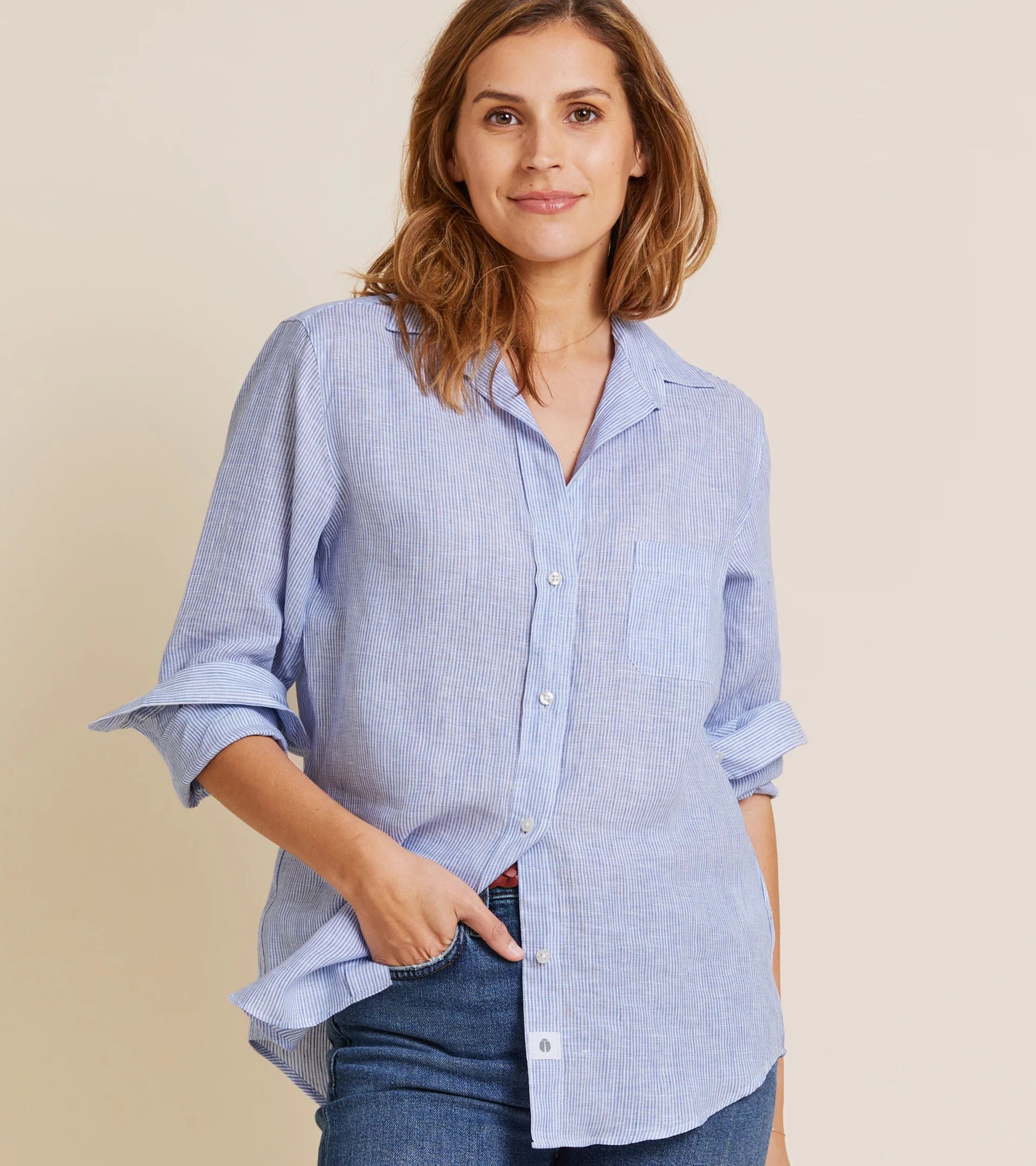 The Hero Button-Up Shirt Blue Micro Stripe, Tumbled Linen | Grayson