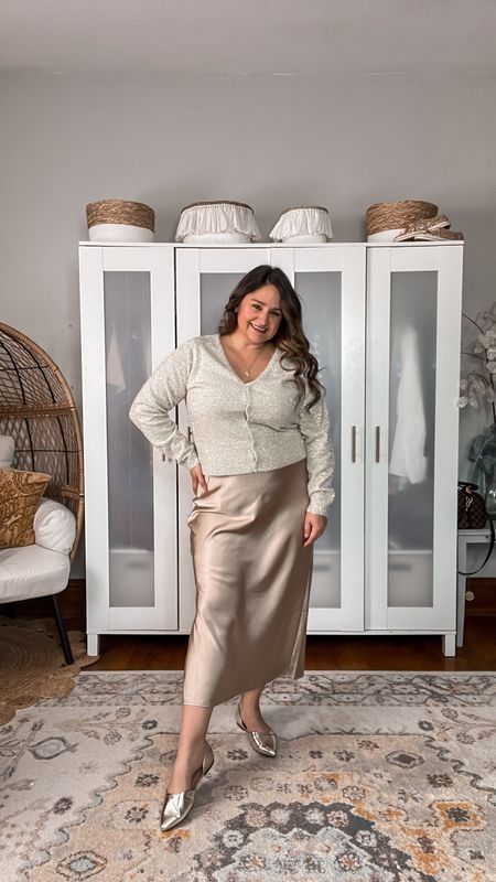 A monochrome outfit perfect for the holidays! Wear it as a Christmas outfit or even a new years outfit!

Love the champagne satin midi skirt paired with the sparkly cardigan all from old navy! I added the metallic gold flats to complete the look!

Curvy
Midsize
Holiday outfit
Holiday party outfit
Champagne outfit


#LTKmidsize #LTKHoliday