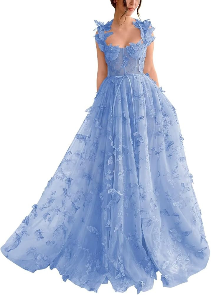 YUAOHUANG Corset Long Tulle Prom Dresses Butterfly Prom Dress for Women Lace Applique Fairy Ball ... | Amazon (US)