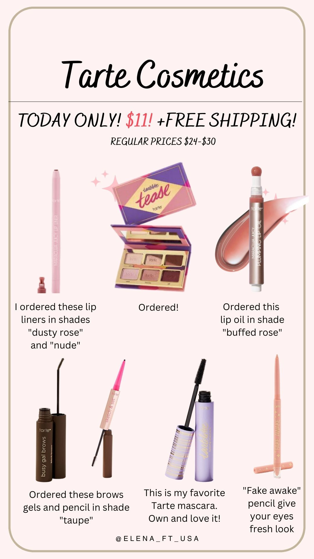 Today only! $11 for a bunch of Tarte bestsellers! Here is what i ordered and already have:

-maracuja juicy plumping lip oil
buffed rose

-maracuja juicy lip liner
dusty rose

-maracuja juicy lip liner
nude

-busy gal BROWS tinted brow gel
taupe

-sketch & set™ brow pencil & tinted gel
taupe

-tartelette™ tease Amazonian clay eyeshadow palette

Also I got 
travel-size face tape™ smoothing primer as a gift! 

 #LTKFindsUnder50 #LTKBeauty