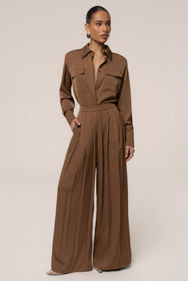Brown Clara Wide Leg Pleated Trousers | JLUXLABEL US