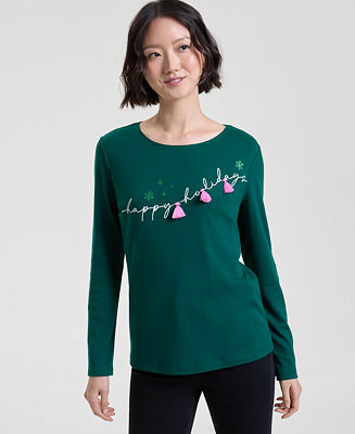 Holiday Lane Women's Festive Moment Long-Sleeve Top, Macy's Exclusive - Macy's | Macy's