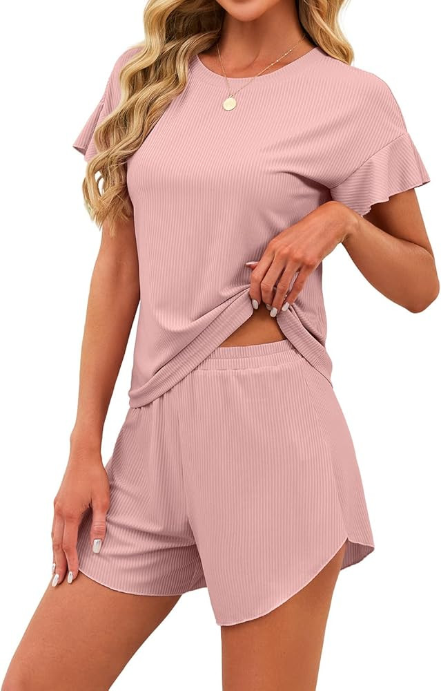 JUSTFASHIONNOW Women's Pajama Set Ruffle Sleeves Top and Short Soft 2 Piece Loungewear Set | Amazon (US)