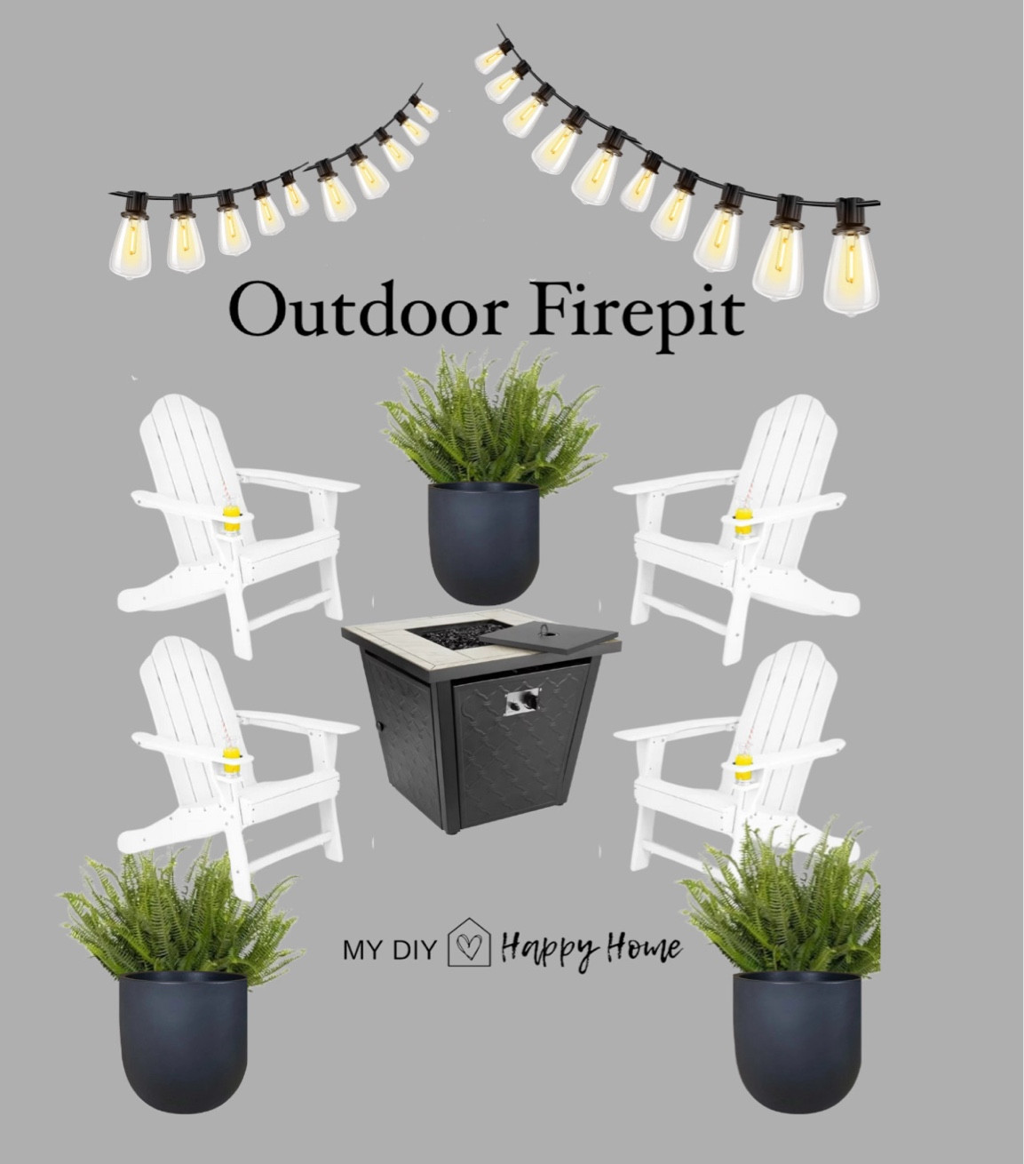 Outdoor firepit - all from @walmart 
•White Adirondack chairs with cup holders, set of 4.
•black resin planters 
•Kimberly Queen ferns 
•outdoor shatterproof string lights 
•gas firepit (tank is hidden within)

#LTKSeasonal #LTKhome #LTKfamily