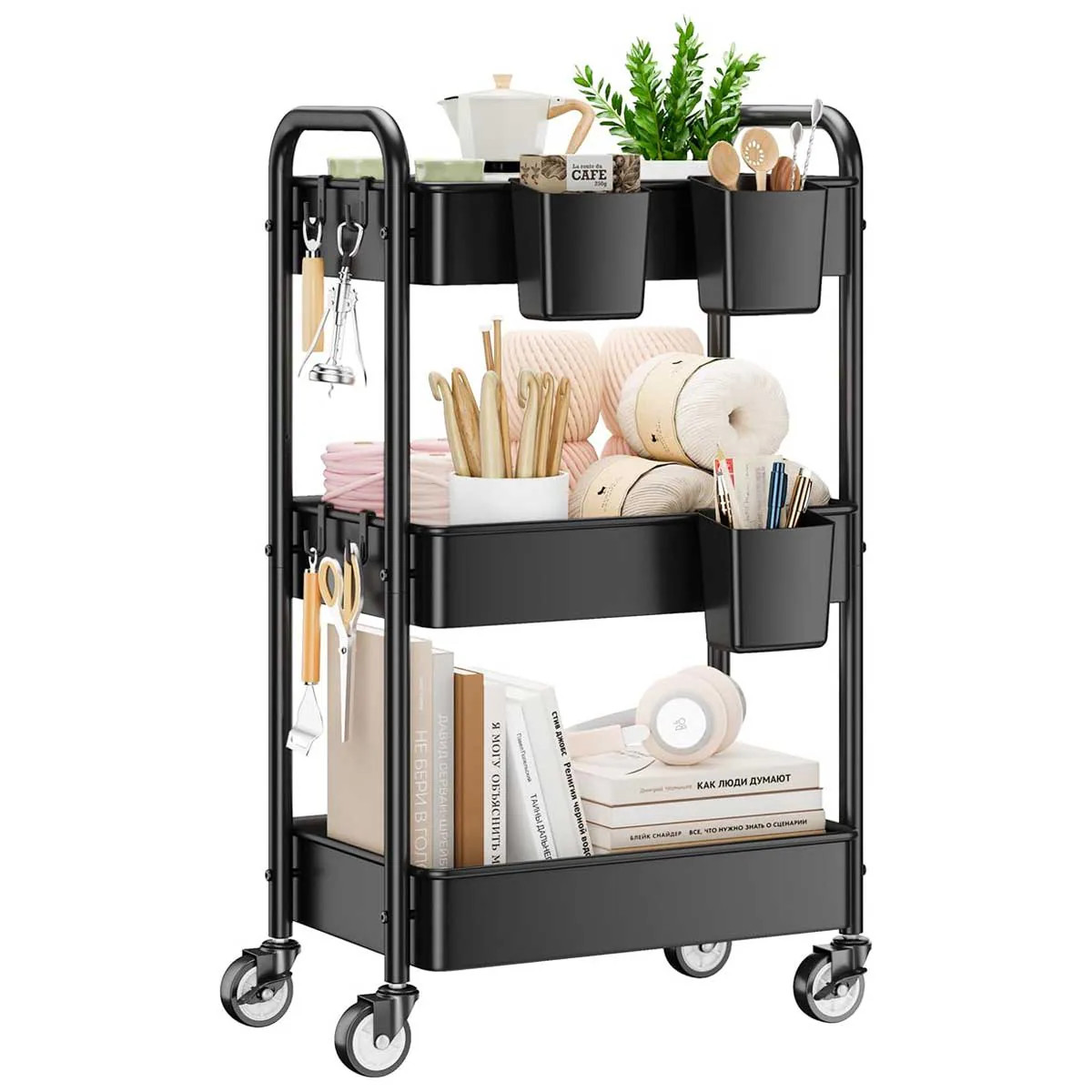 Aoibox 3 Tier Rolling Cart Metal Utility Cart with Wheels Hanging Cups Hooks Heavy Duty Mesh Rolling Storage Organizer Craft Cart for Kitchen Office | Lowe's