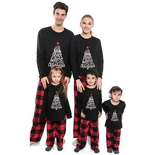 Onancehim Matching Family Christmas Pajamas Set, Funny Long Sleeve T-Shirt and Plaid Pants Pjs Set Sleepwear for Women, Men, Kids, Couples (Women, M, Black) | Amazon (US)