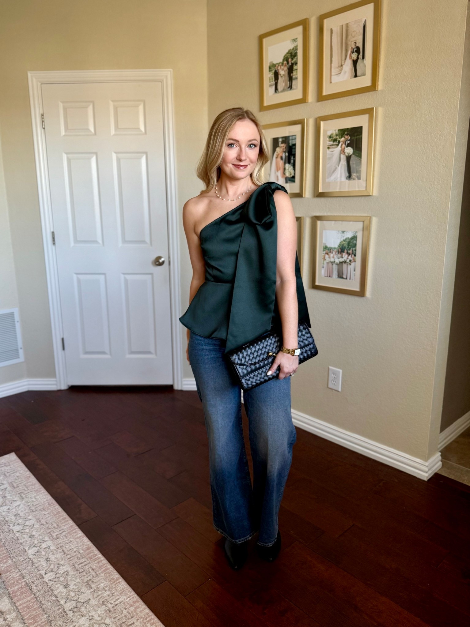 This bow draped shoulder top is just stunning! It would be so pretty with white pants on with jeans for a casual look for the holidays! Wearing an XS and 25P in jeans 

#LTKFindsUnder50 #LTKHoliday #LTKSeasonal