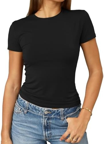 Abardsion Women's Casual Basic Going Out Crop Tops Slim Fit Short Sleeve Crew Neck Tight T Shirts... | Amazon (US)