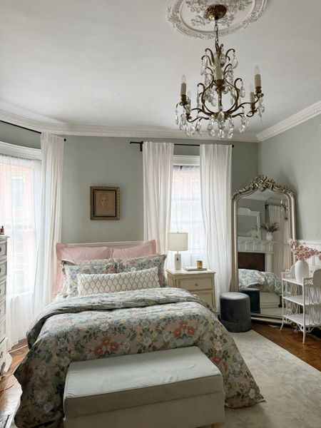 Bedroom sources- bedding, rug, chandelier, mirror, ottoman 