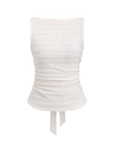 SHENHE Women's Summer Bow Tie Back Boat Neck Tank Top Textured Dressy Going Out Shirt Beige Medium | Amazon (US)