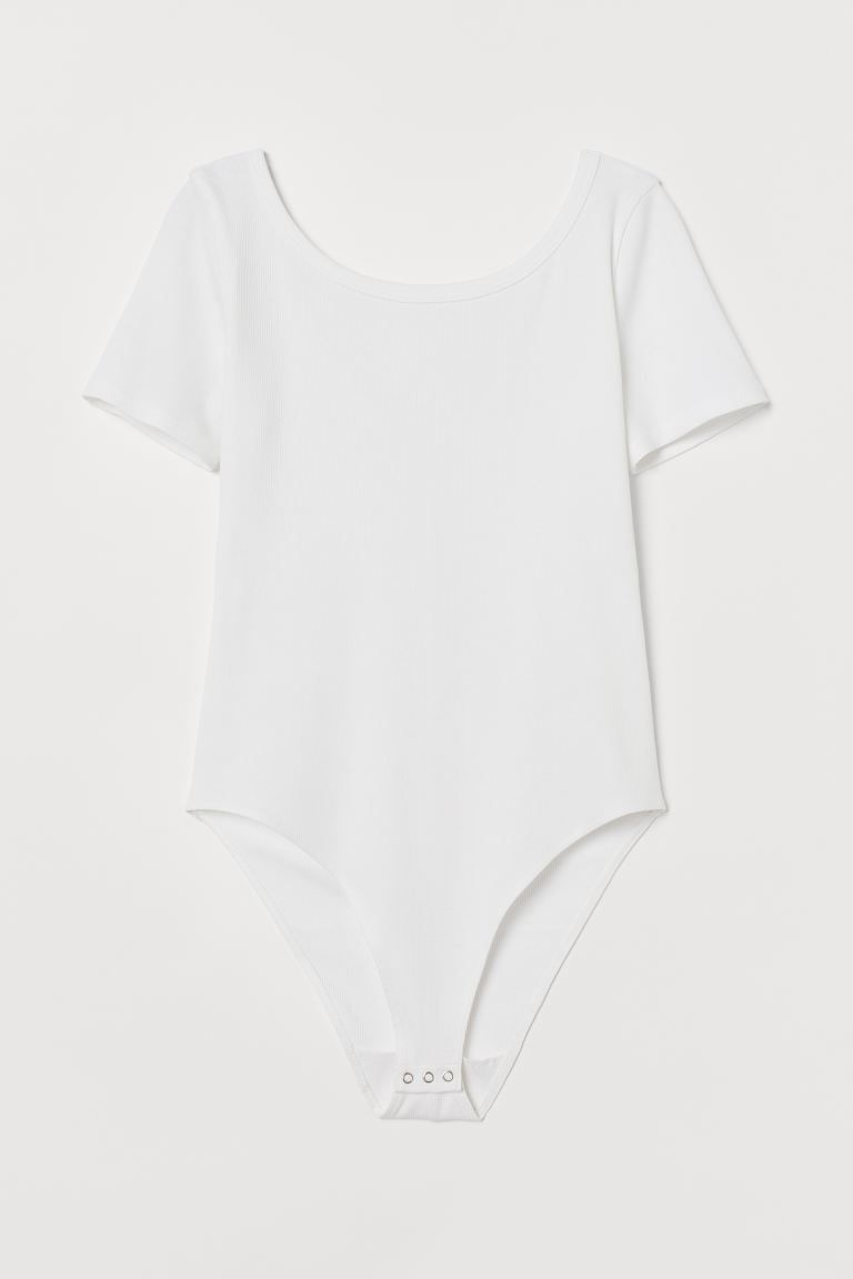 Fitted bodysuit in ribbed cotton jersey with a ballerina neckline, short sleeves, and lined gusse... | H&M (US + CA)