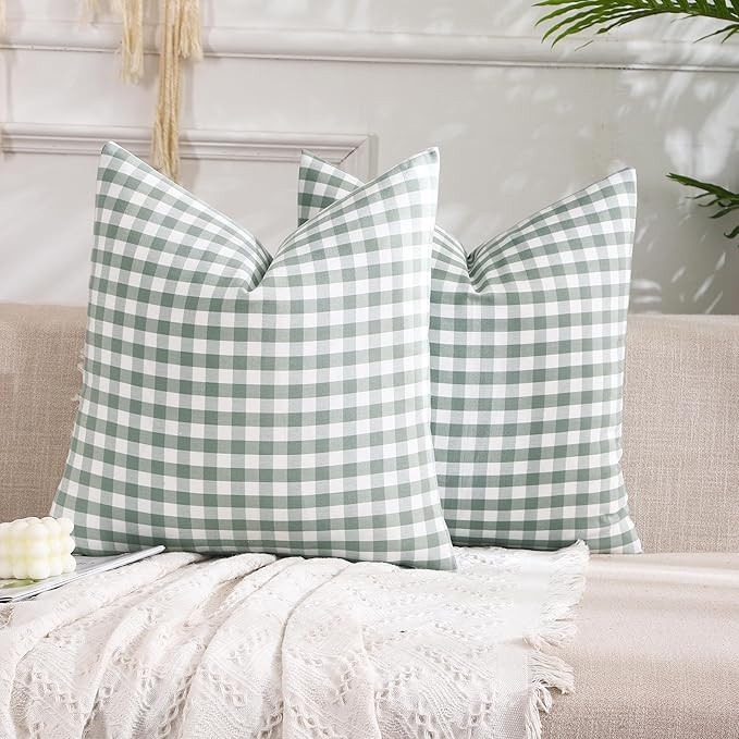 CARRIE HOME Set of 2 Farmhouse Sage Green Gingham Throw Pillow Covers 18x18 Checkered Plaid Decorative Pillow Cover Classic Retro Plaid Decor for Room Patio and Porch, Grey Green and White Gingham | Amazon (US)