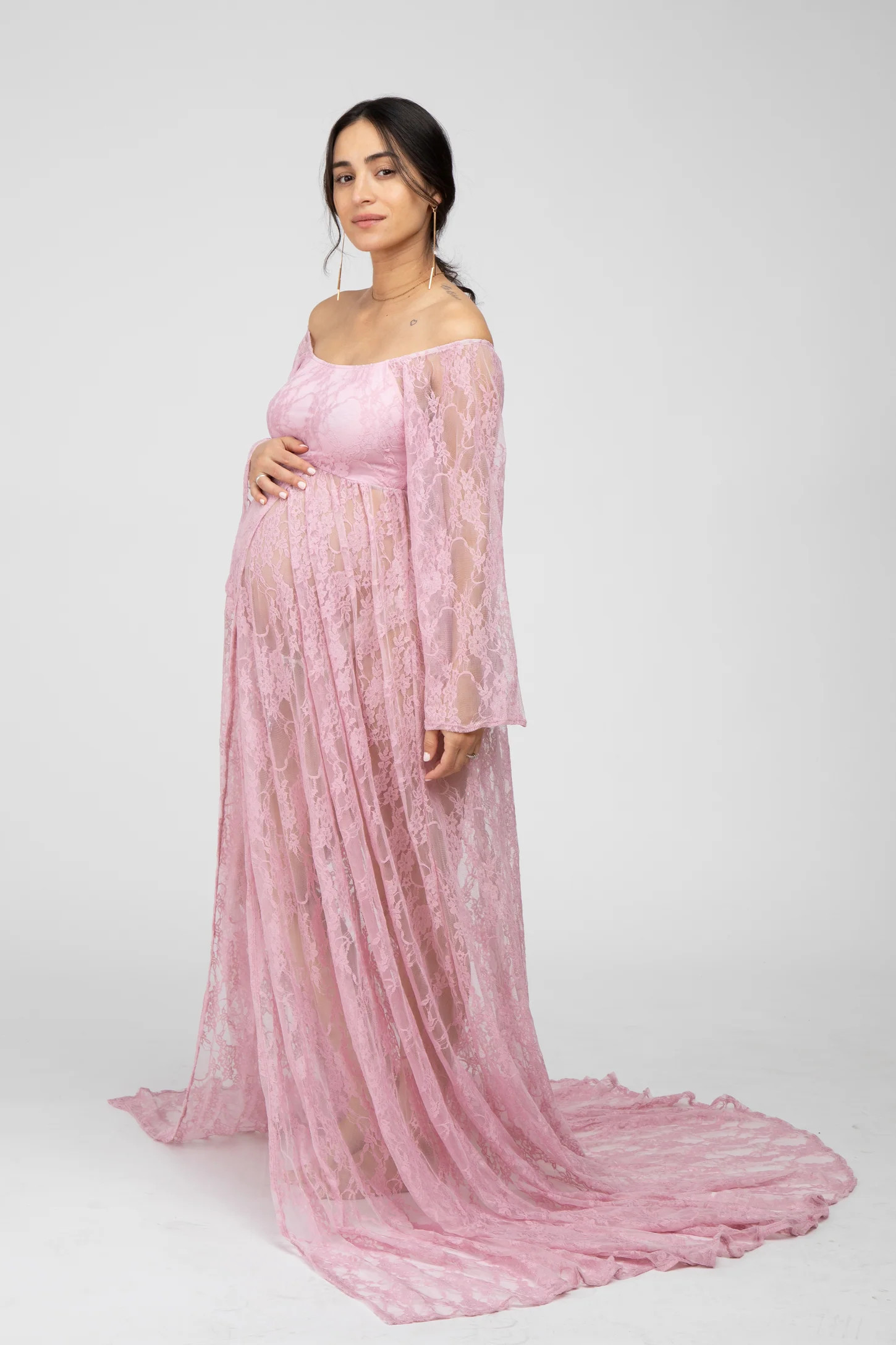Pink Lace Off Shoulder Maternity Photoshoot Gown/Dress | PinkBlush Maternity