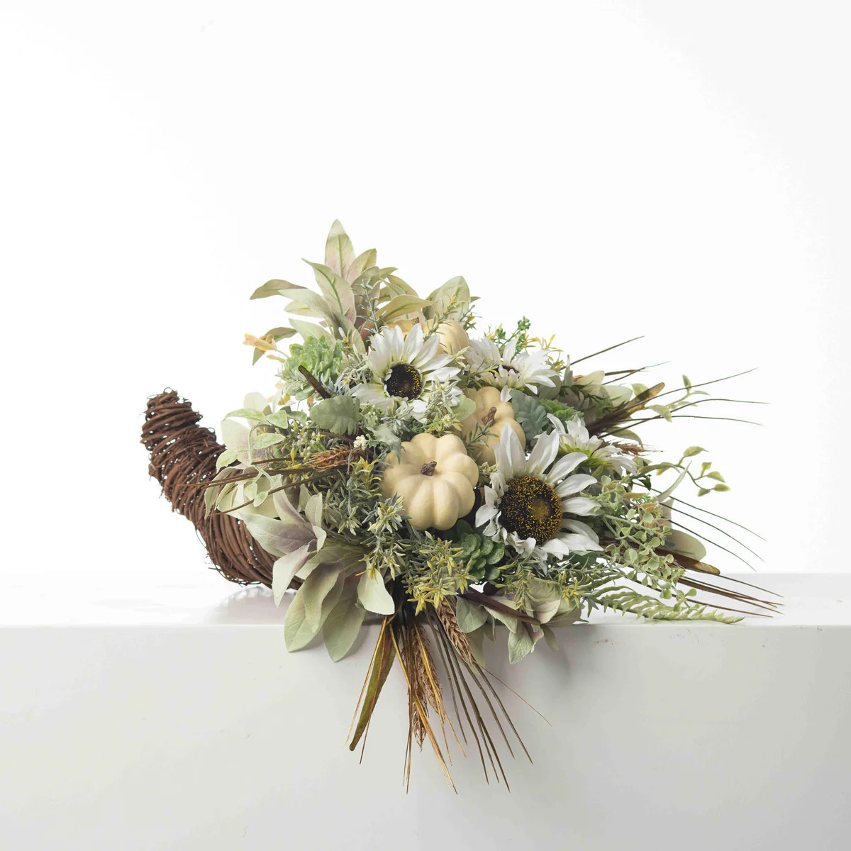 Weathered Pumpkin, Cream Sunflower & Wheat Thanksgiving Fall Cornucopia Arrangement - 3 Size Opti... | Darby Creek Trading