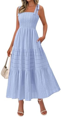 BTFBM Women's 2026 Spring Boho Spaghetti Strap Dress Casual Sleeveless Smocked A Line Beach Sundr... | Amazon (US)