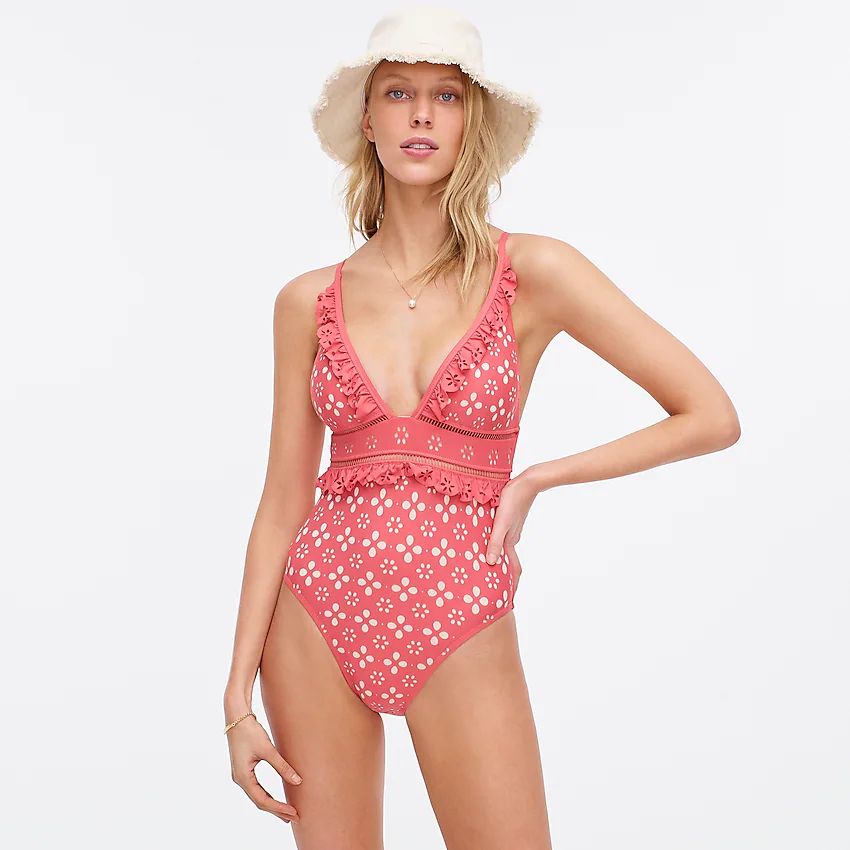 Scalloped ruffle plunging one-piece swimsuit in laser-cut eyelet | J.Crew US