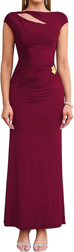 KUTUMAI Women Ruched Bodycon Maxi Dress Elegant Cutout Cap Sleeve Long Formal Cocktail Party Wedd... | Amazon (US)