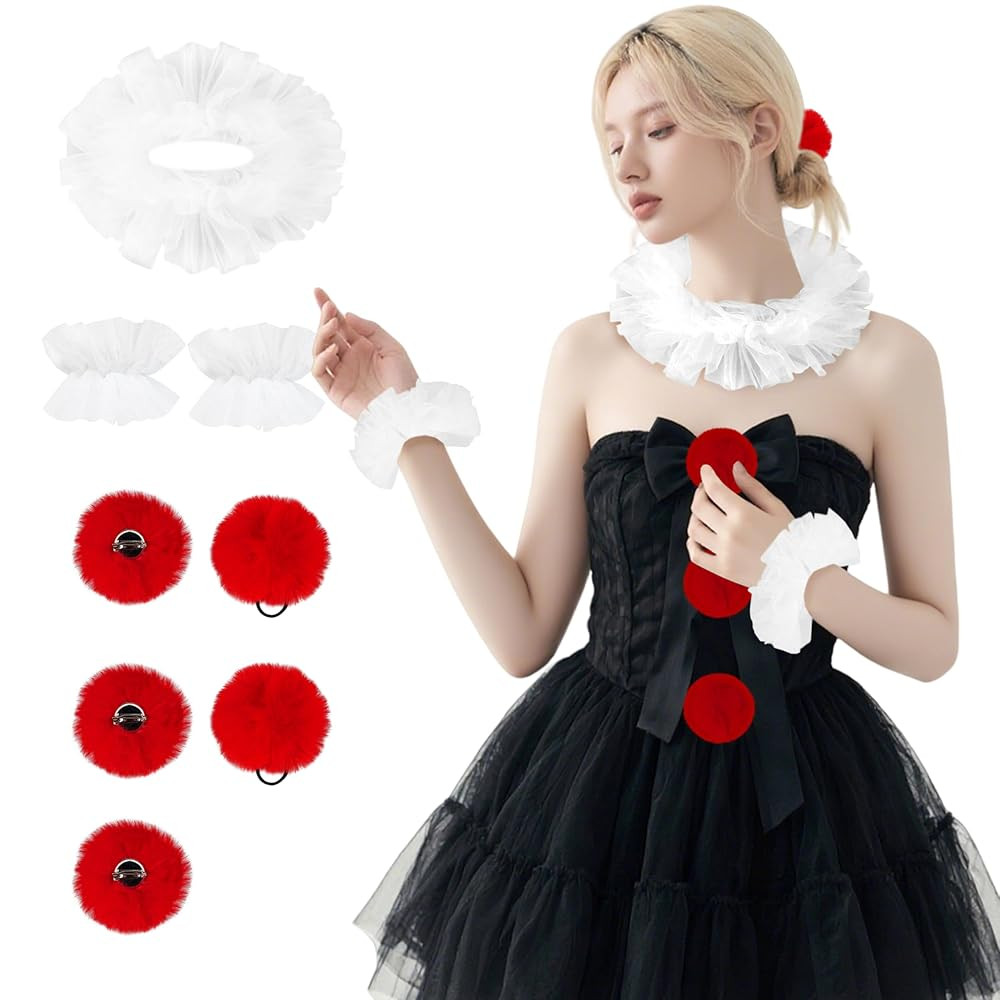 Clown Neck Ruffle Collar and Cuffs with Red Pompoms Vintage Jester Costume for Halloween Renaissa... | Amazon (US)