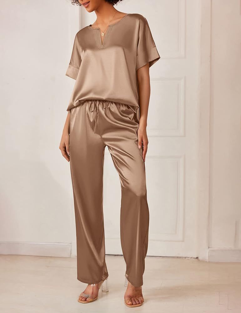 Ekouaer Satin Pajama Set Womens Silk Short Sleeve V Neck Shirt with Long Pant Soft Loungewear Pjs Se | Amazon (US)