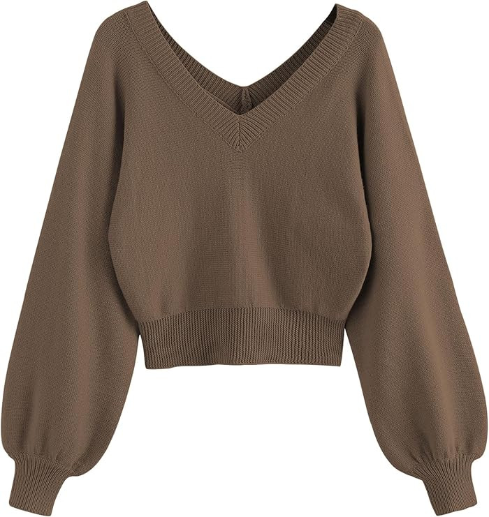 ZAFUL Women's Cropped Sweater V-Neck Long Sleeve Crop Sweater Pullover Jumper Knit Top | Amazon (US)