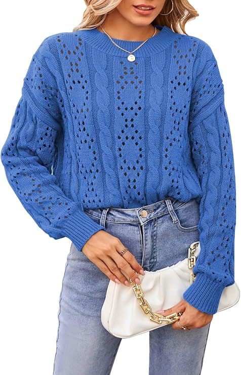 Pink Queen Women's 2023 Fall Crew Neck Puff Long Sleeve Crochet Hollow Out Cable Knit Pullover Sw... | Amazon (US)