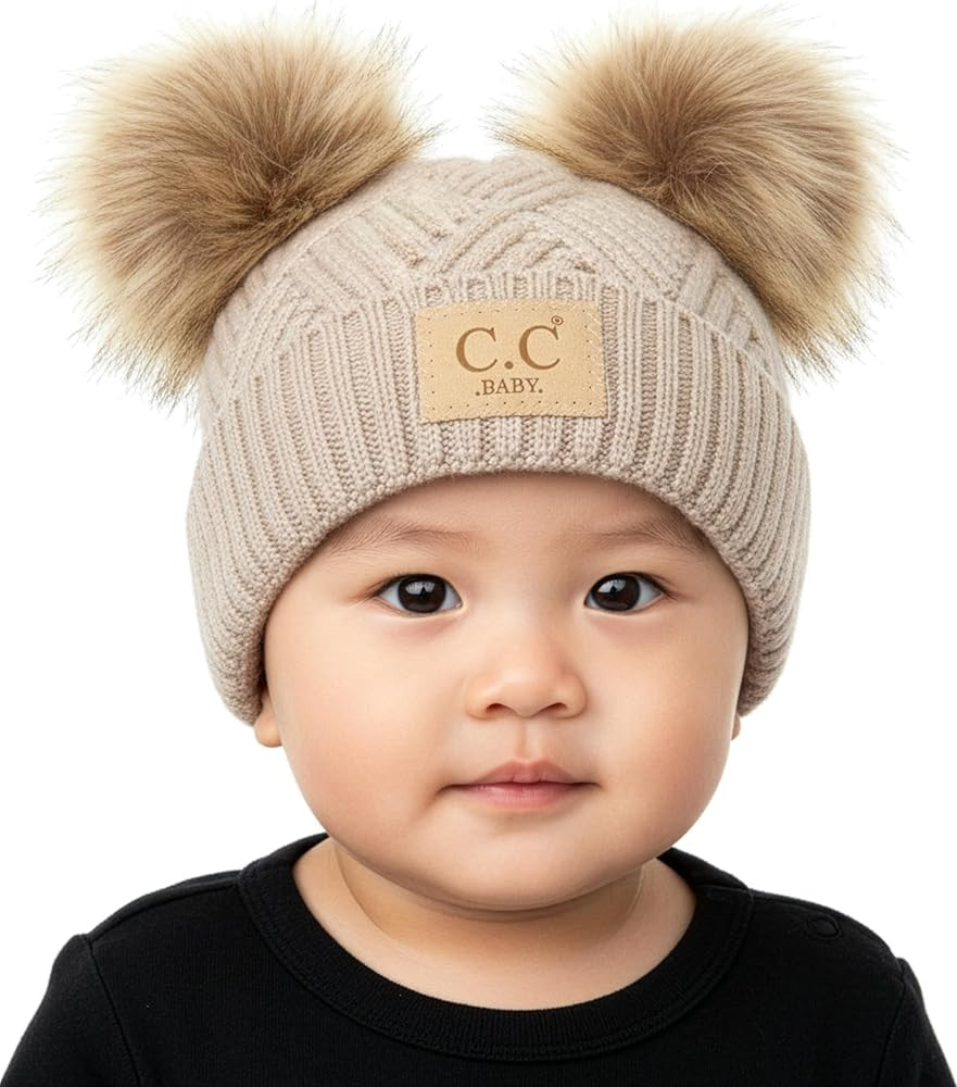 Funky Junque Double Pom Pom Baby Beanie – Newborn Girl Winter Hat 0–12 Months, Cute Cozy Knit... | Amazon (US)