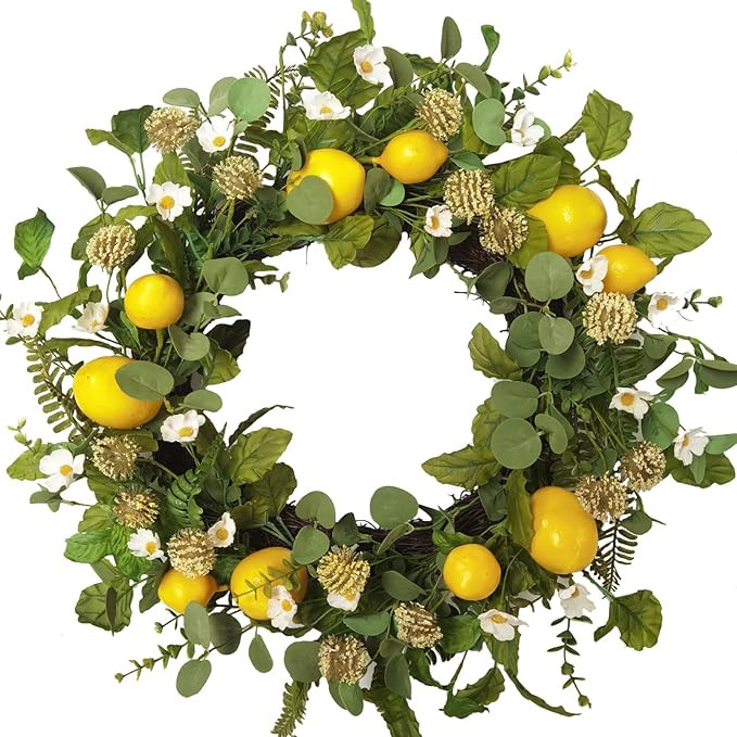 Idyllic 22 Inch Summer Yellow Lemon Wreath with Green Leaves for Front Door, Spring Summer Lemon ... | Amazon (US)