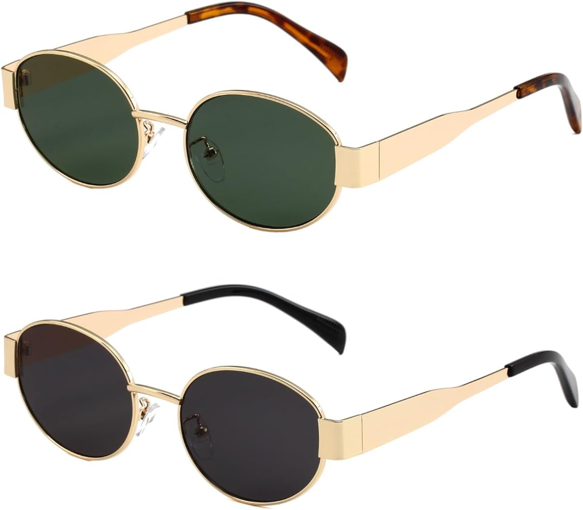Trendy Oval Sunglasses for Women Retro Designer Gold Sun Glasses Classic Metal Frame Shades 90s | Amazon (US)