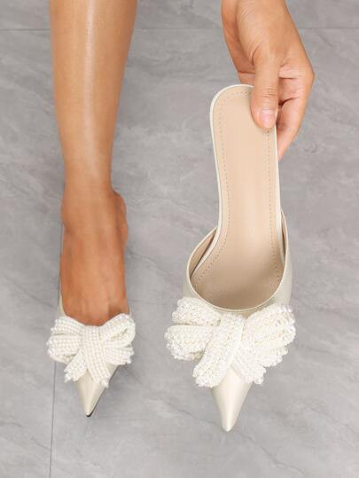 Women White Faux Pearl Bow Decor Pumps, Point Toe Stiletto Heel Mule Pumps | SHEIN