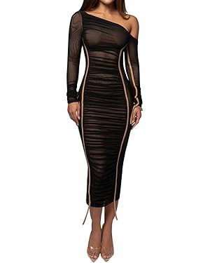 Sexy Bodycon Maxi Dress for Women Sheer Long Sleeve Off The Shoulder Party Club Ruched Mesh Dress... | Amazon (US)