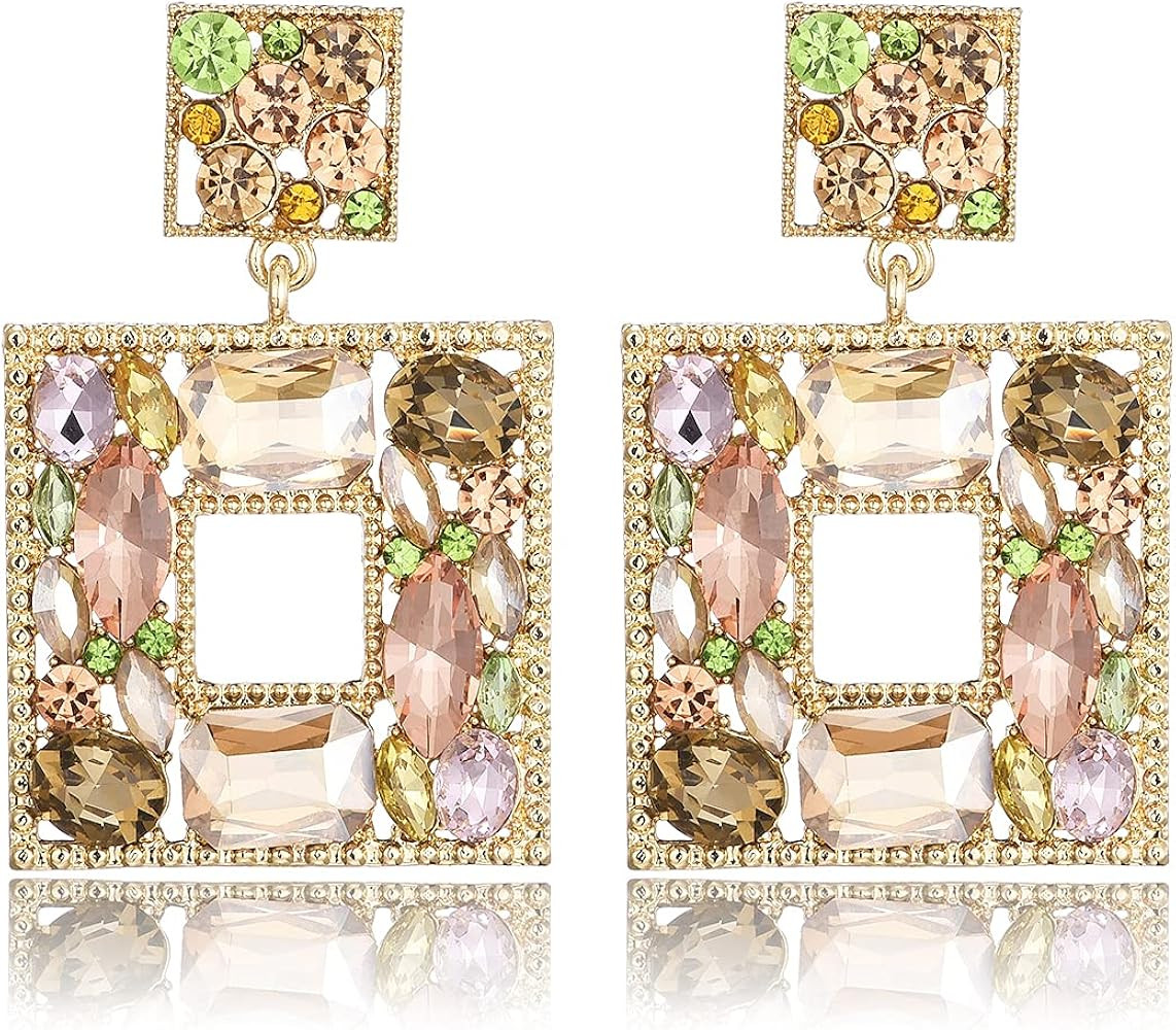 Crystal Square Dangle Statement Earrings Geometric Shaped with Colorful Rhinstone Drop Earrings f... | Amazon (US)