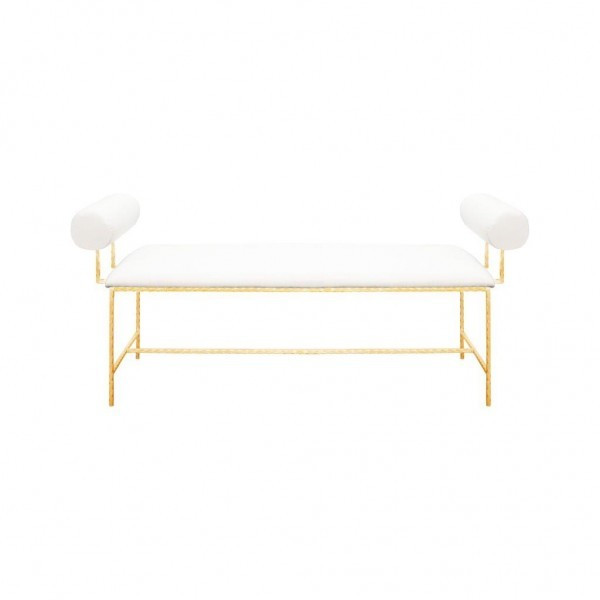 Miller White Linen Bolster Arm Gold Leaf Bench | 1stopbedrooms