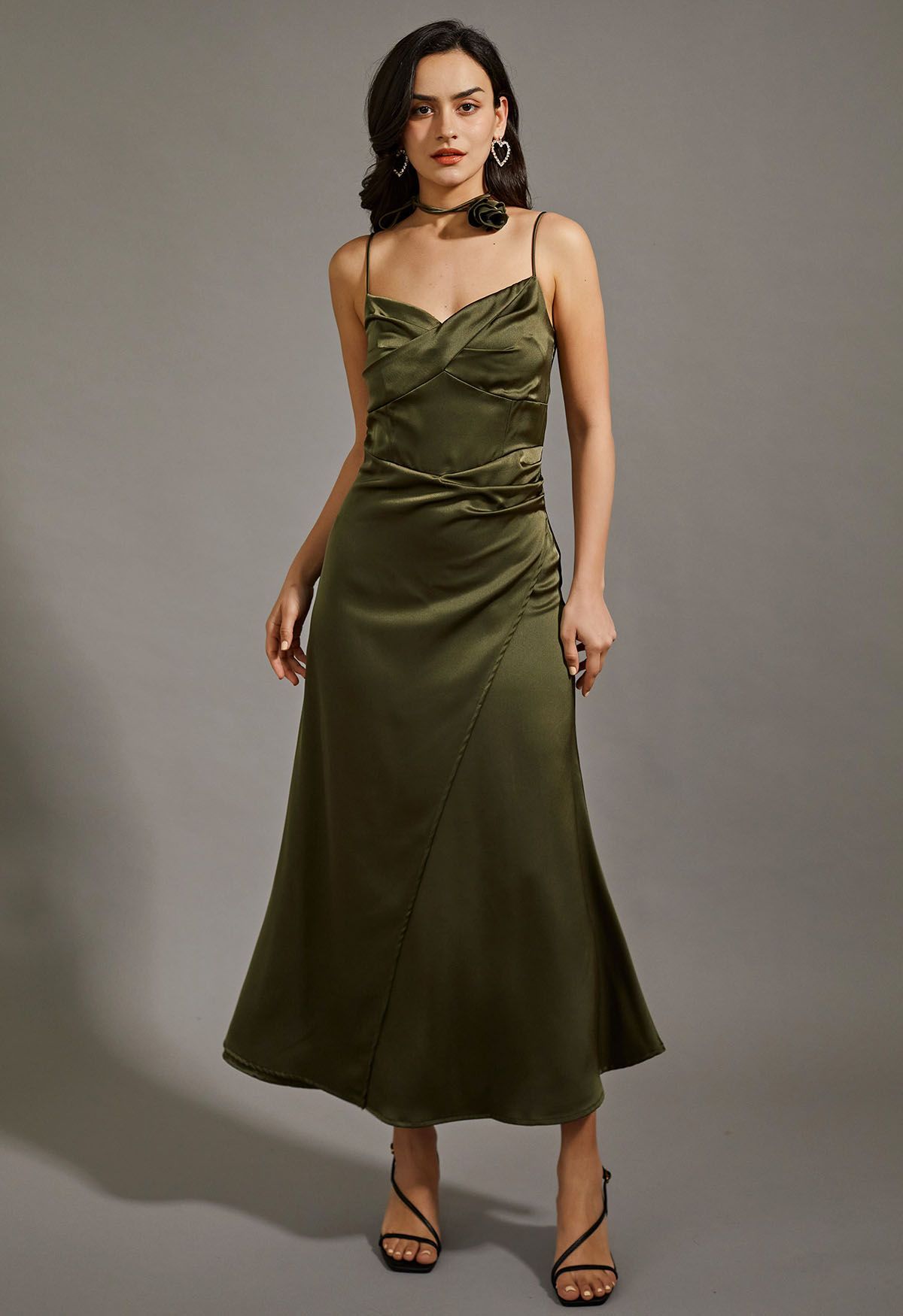 Floral Choker Satin Cami Maxi Dress in Olive | Chicwish