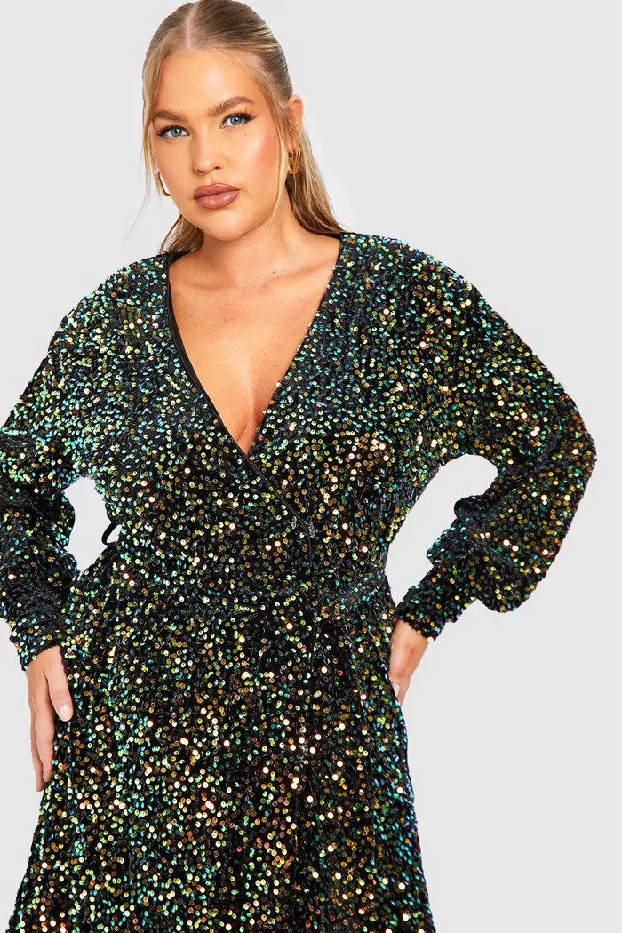 Plus Velvet Sequin Wrap Dress | boohoo (US & Canada)