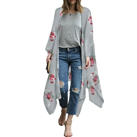 Plus Size Women s Summer Chiffon Floral Kimono Shawl Cardigan Coat Long Blouse Loose Tops Outwear Be | Walmart (US)