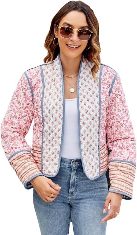 Women's Cropped Floral Quilted Jacket Lightweight Open Front Padded Puffer Coat | Amazon (US)