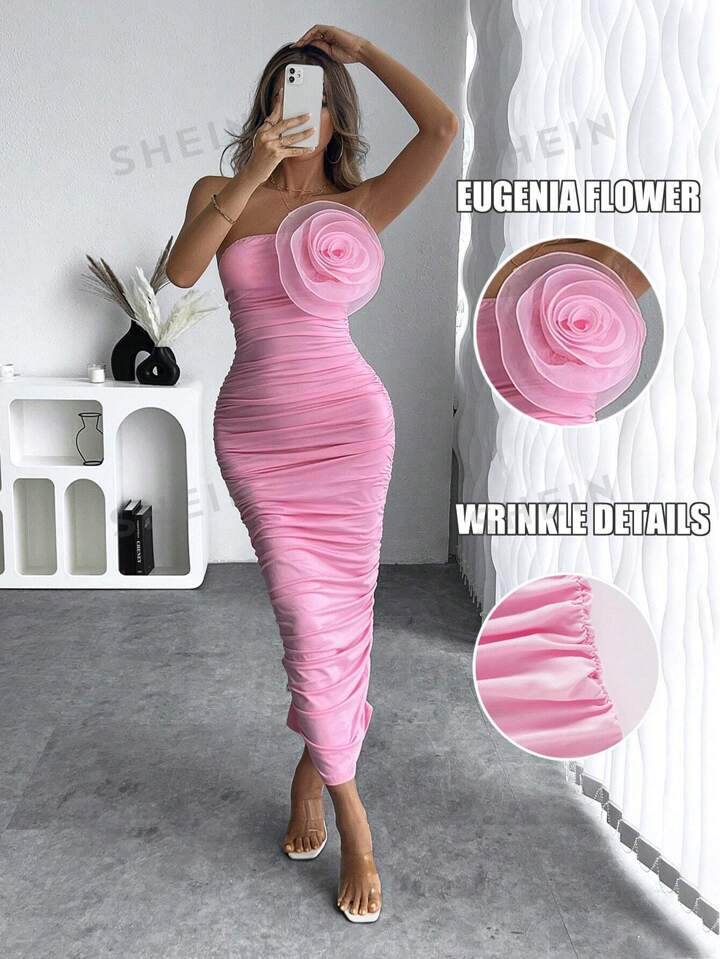 SHEIN Privé Summer Elegant Solid Color 3D Flower Pleated Bodycon Tube Dress | SHEIN USA | SHEIN