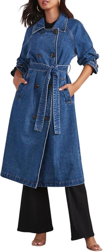 chouyatou Women's Vintage Midi Long Jean Jacket Loose Fit Double Breasted Denim Jacket Trench Coa... | Amazon (US)